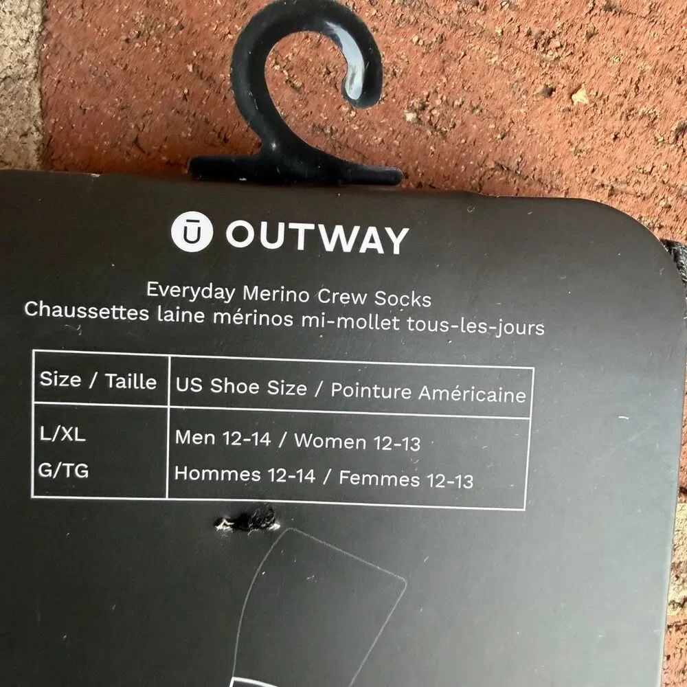 Outway Unisex Everyday Merino Wool Midweight Crew Socks Smoke Black L/XL NWT
